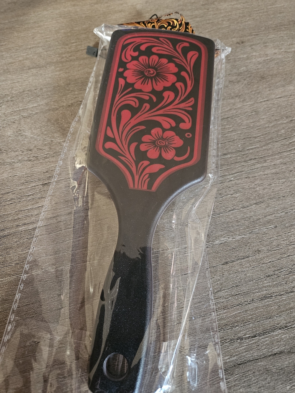 Decorative Black Hair Paddle Brush with Red Floral Accent